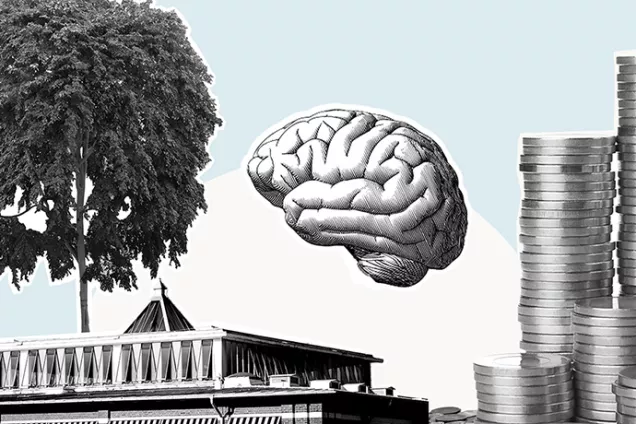 Svävande hjärna, myntstapel, hustak, träd mot himmel. Collage/illustration.