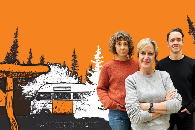 Collage med tre personer, husvagn, skog med mera. Illustration.